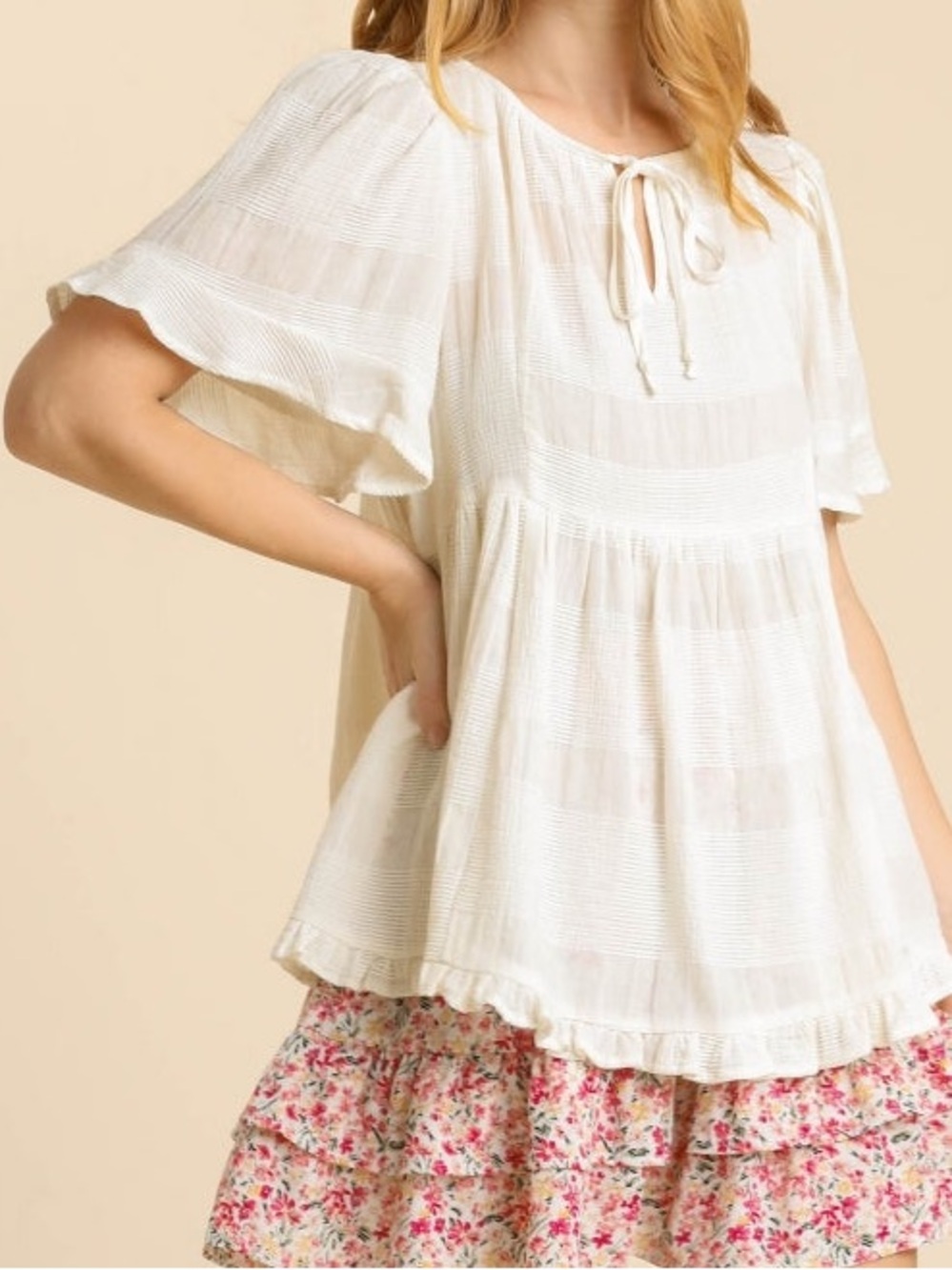 Umgee Sheer Textured Short Flutter Sleeve Front String Tie Babydoll Top